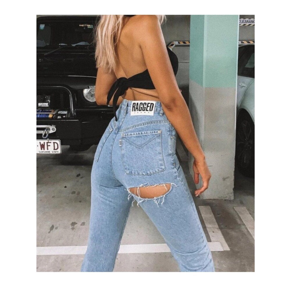 Ragged Jeans Womens 28 High Waist Tapered Mom Jeans Light Wash 90's Distressed